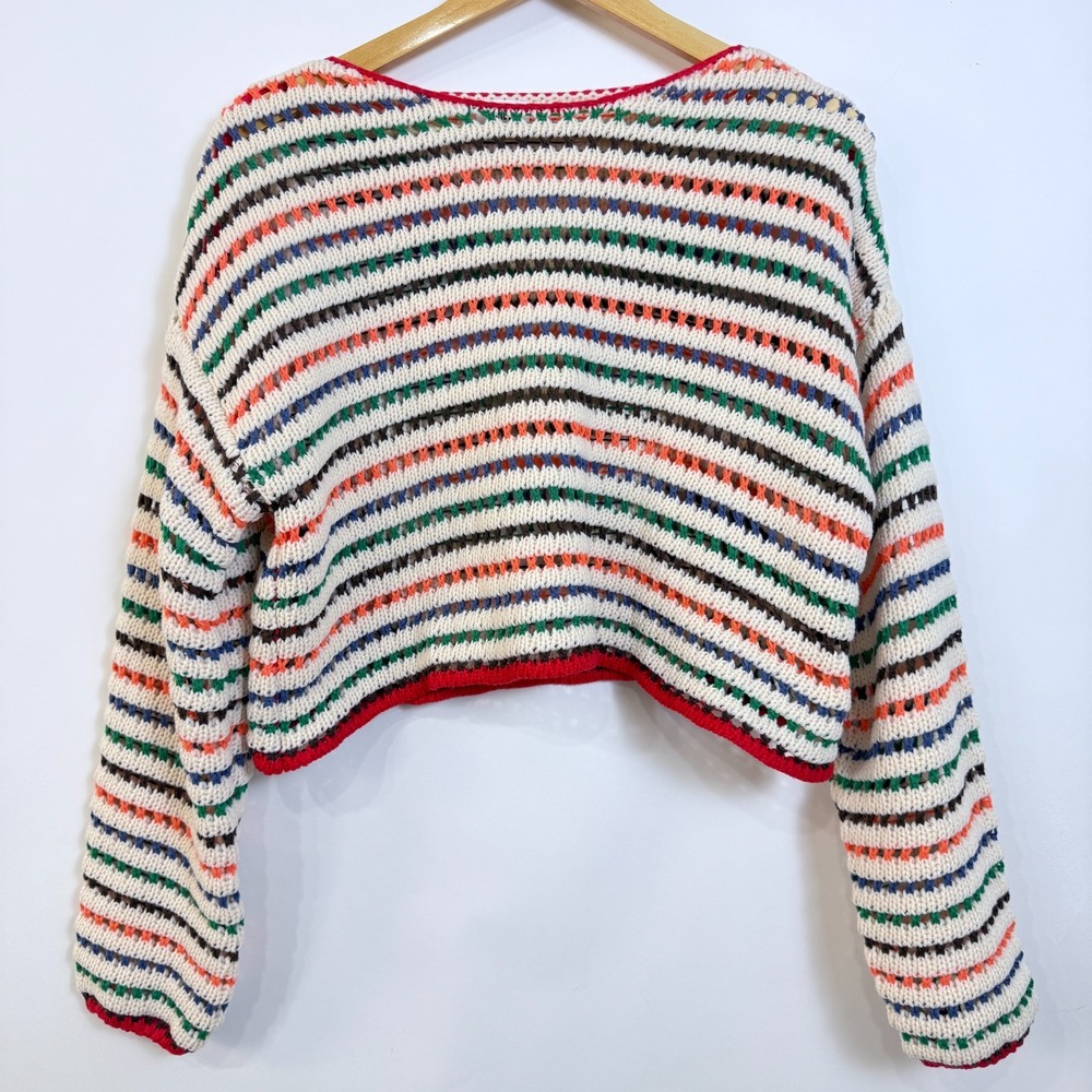 Lane 201 Colorful Striped Crochet Open Knit Cropped Sweater Womens Small Boxy